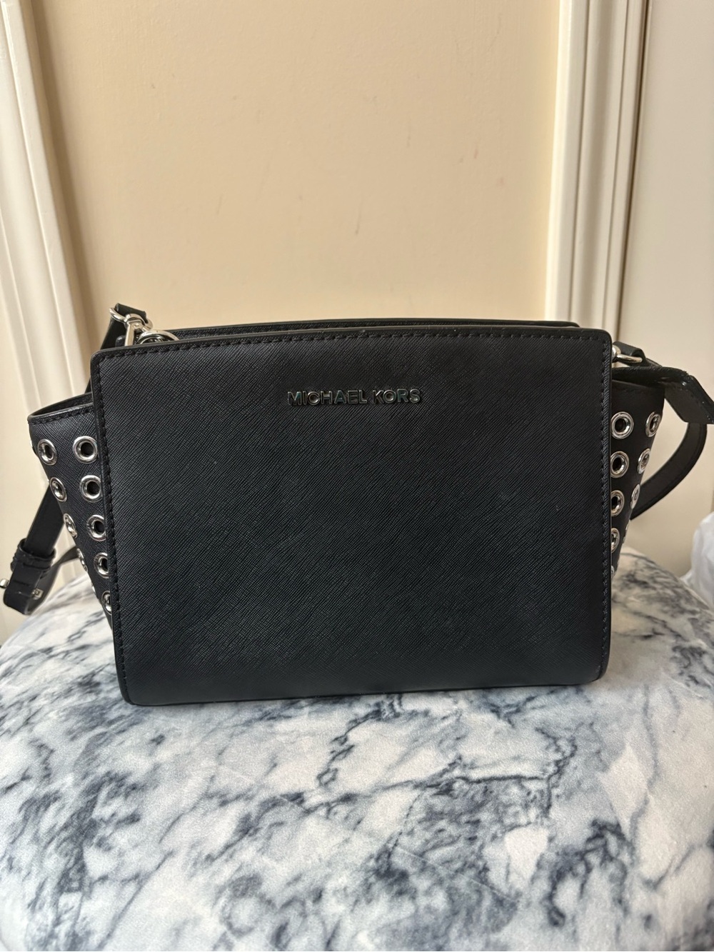 Michael Kors Black Saffiano Crossbody with Silver Eyelets